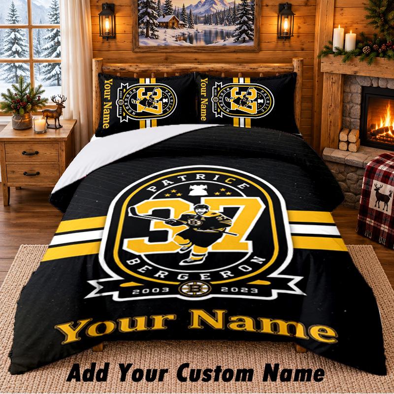 Boston Bruins Pattern Bedding 3Pcs Set Custom Name, Bed Sheet And Pillowcases For Home Bedroom