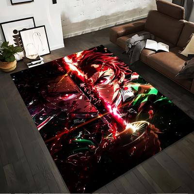 Anime Style Carpet with Sword Warrior Illustration, Red and Dark Tones Suitable for Use As an Anti-slip for Living Room Bedroom Sofas