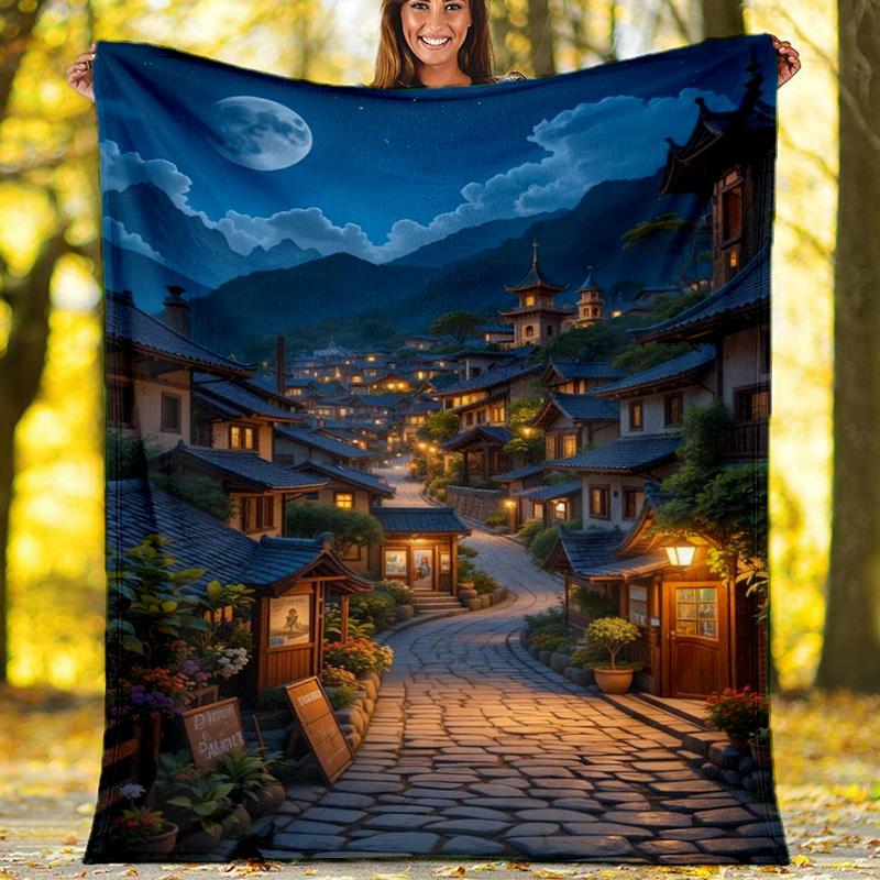 Japanese Ancient Street Night Scenery Fleece Printed Flannel Blanket, Warm Soft Throw Sofa Bed Blanket