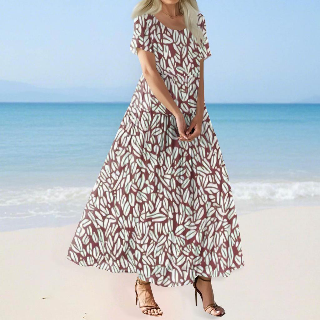 Women's Summer Casual Floral Print Short Sleeve O Neck High Waist A Line Tiered Flowy Boho Maxi Dress