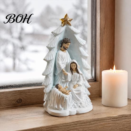 Gold Star Nativity Decor for Desk Holy Family Statue, Christmas Tree Resin Ornament, Hand-Painted Figurine Home Religious Tabletop Altar & Fireplace