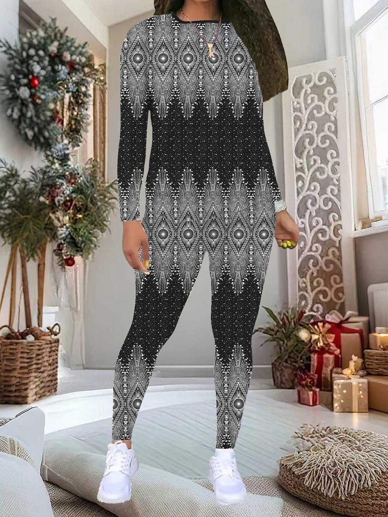 Damen Zweiteiler mit Blumenmuster: Langarmshirt mit Rundhalsausschnitt und Hose, limitiertes Freizeit-Party-Geschenkset