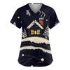 Women's Fashionable V-neck Workwear Christmas Printed Short Sleeved Pocket Side Slit Workwear Basic Pullover Top