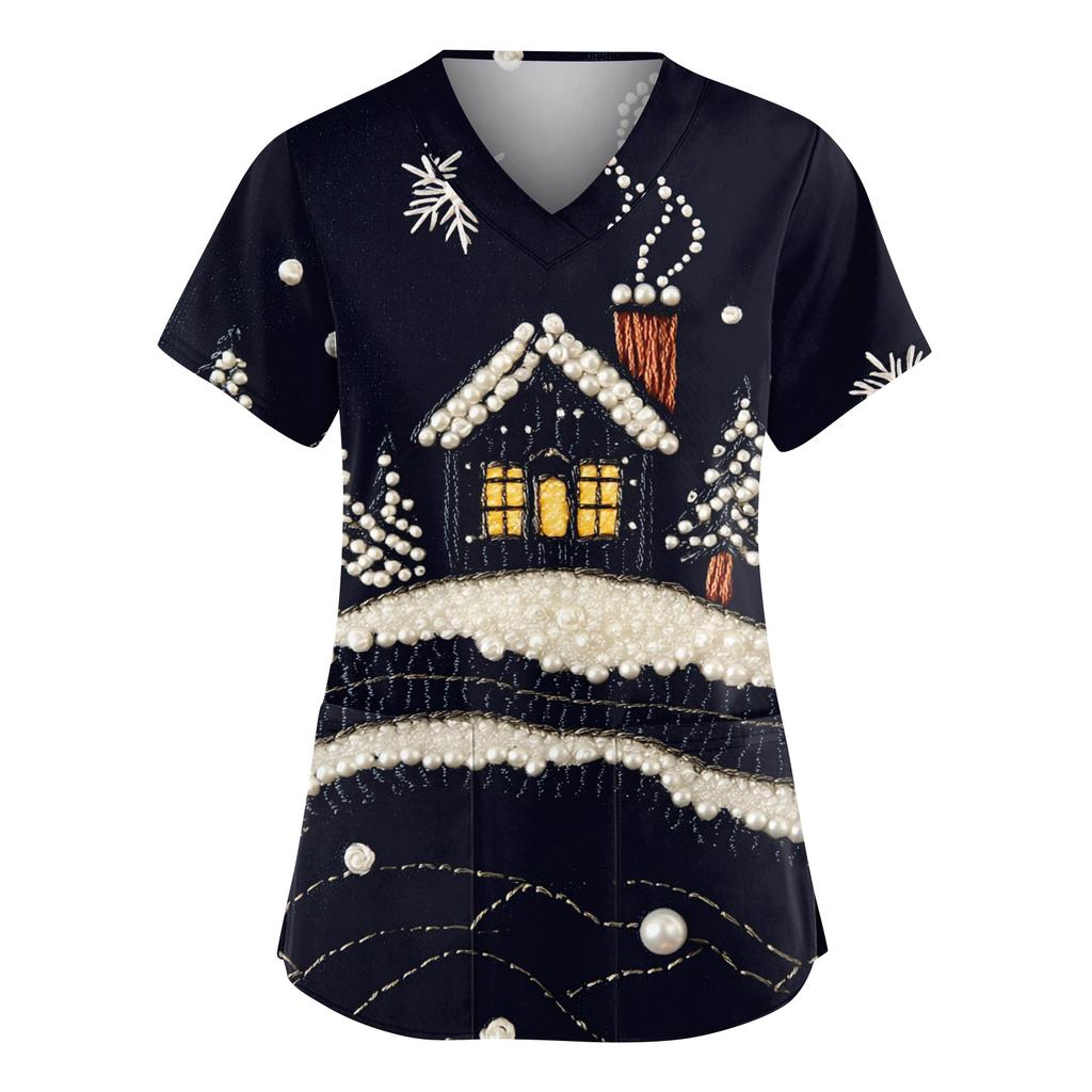 Women's Fashionable V-neck Workwear Christmas Printed Short Sleeved Pocket Side Slit Workwear Basic Pullover Top