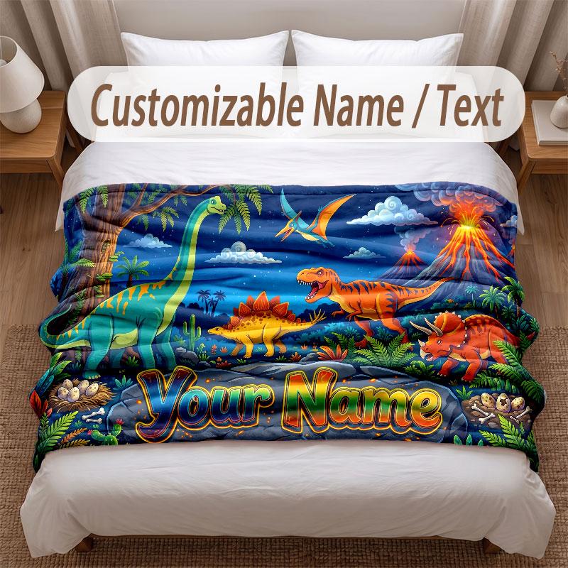 Dinosaur Theme Soft Blanket Personalized Custom Name Text Print Warm Blanket Home Sofa Bedroom Decor