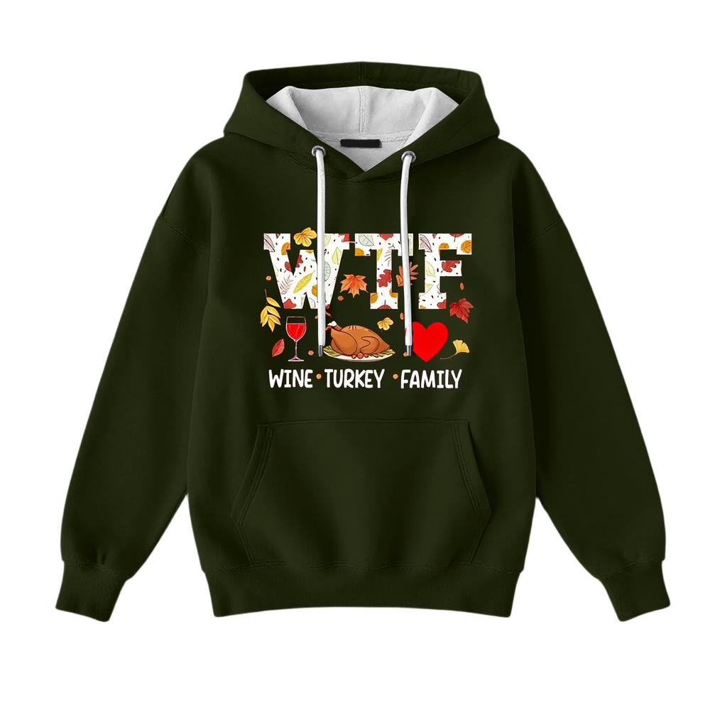 Women's Loose Comfort Drawstring V-Neck Long Sleeve Thanksgiving Print Hoodie
