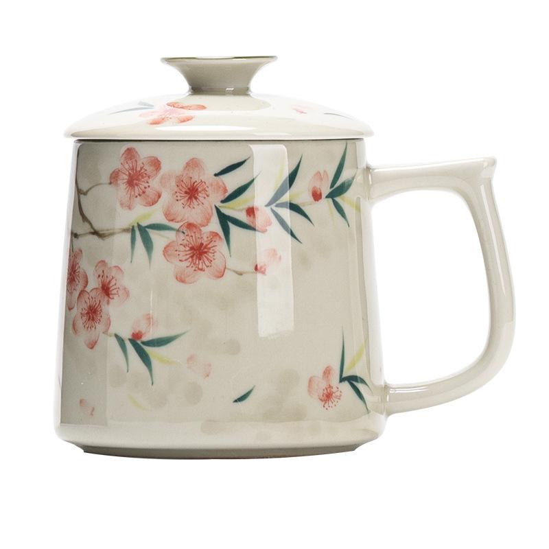 Hand-painted Peach Blossom Ceramic Mug with Lid Coffee Milk Water Cup Household Tea Cup Office Drinkware