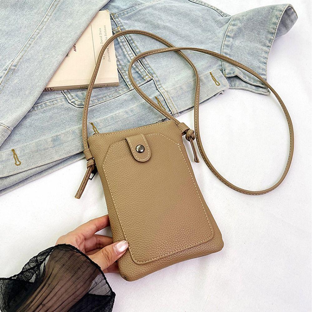 Solid Color Phone Bag PU Leather Simple Style Diagonal Cross Bag Compact Design Double-Layer Shoulder Bag Casual Outing