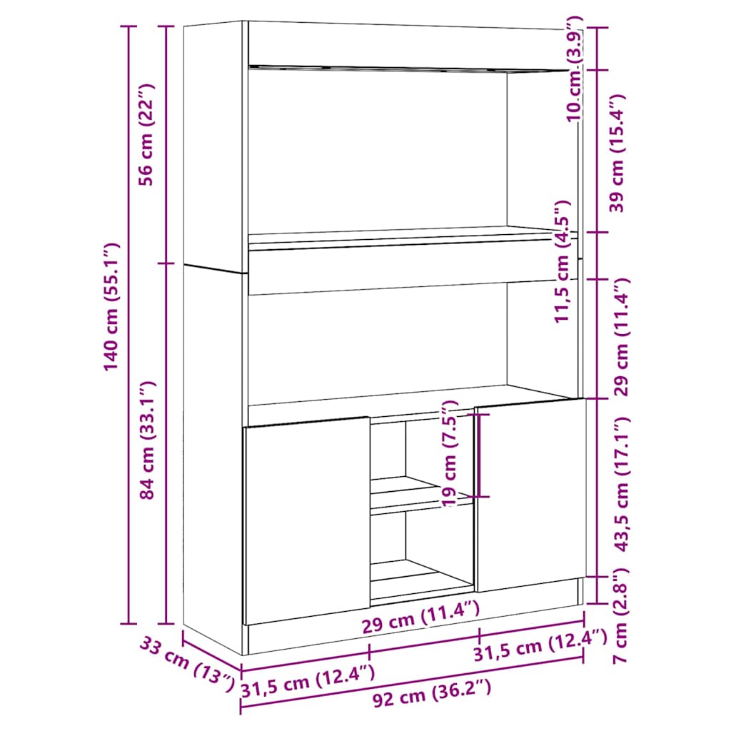 Highboard Black 92x33x140 cm Engineered Wood