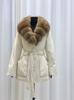 Giacca invernale nuova con collo in vera pelliccia di volpe e piumino d'anatra da donna, lunghezza media e lunga, alla moda, vestibilità ampia, ispessita, calda