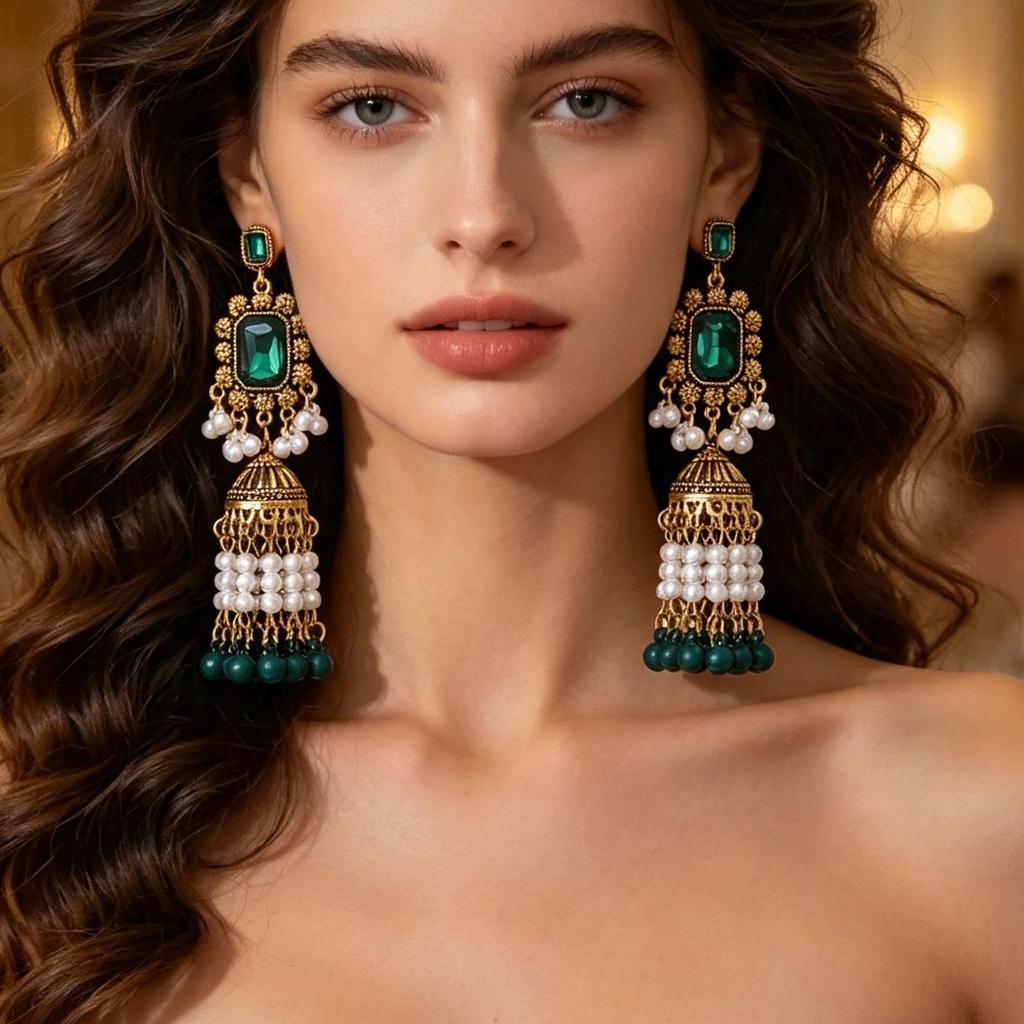 Bohemian Ethnic Pearl Tassel Earrings with Indian-Style Bells and Niche Crystals