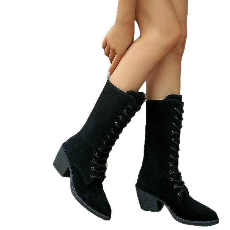 Large size suede high tube cross-strap fashion boots autumn and winter new pointed square but knee women's boots