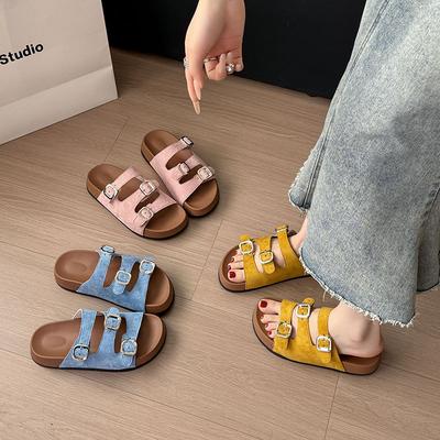2025 Thick-soled Muffin Slippers Women's Summer Wear High-end Fashion Retro Word with Non-slip Sandals Beach Shoes
