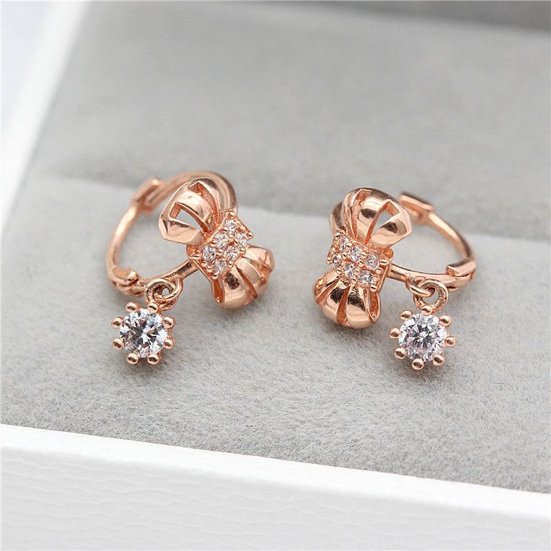 Exquisite Russian 585 Purple Gold Smart Zircon Earrings Fashionable Rose Gold Plated Niche Ins Bow Earrings