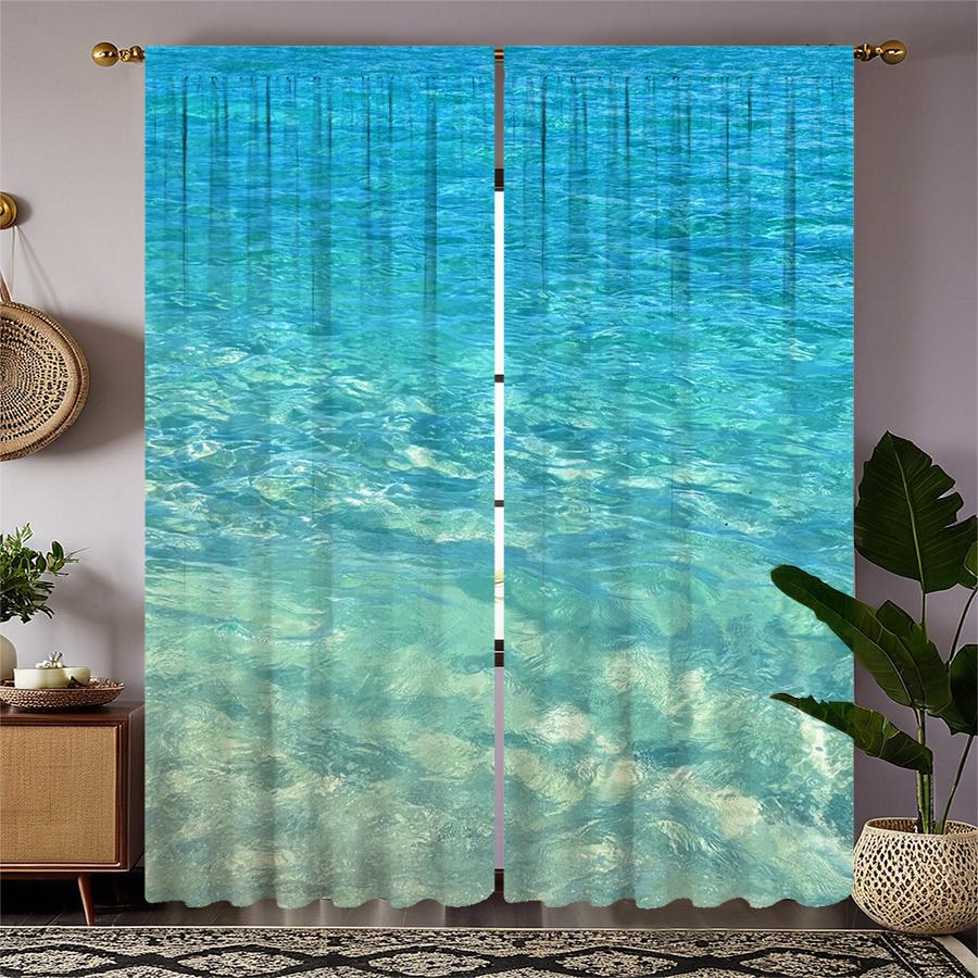 Set Of 2 Blue Ocean Print Curtains Pole Bag Christmas Decorations Home Room Curtain Polyester