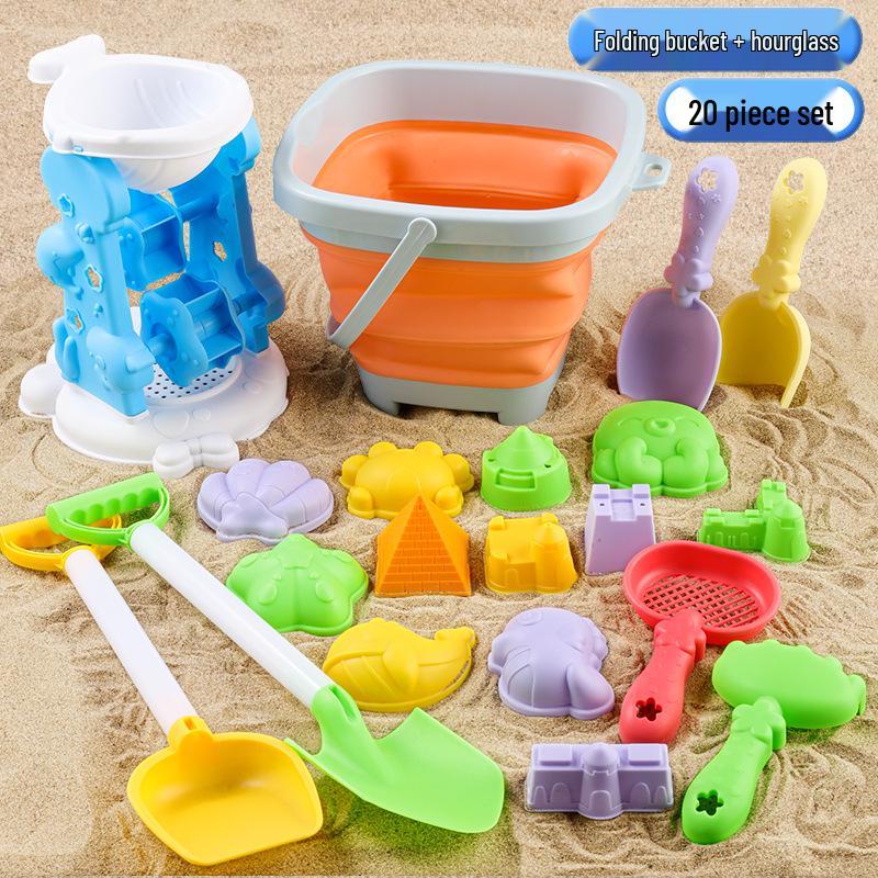 Cross-border Kid's Beach Toy Set: Folding Bucket, Shovel, Sand Tools & Sandglass Accessories