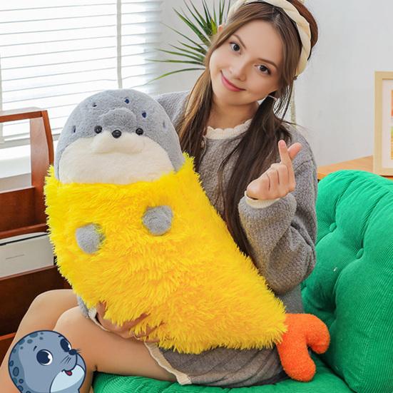 Fried Shrimp Seal Plush Pillow 70/90cm Soft Stuffed Hugging Doll with Invisible Zipper Cute Decorative Cushion Toy for Kids
