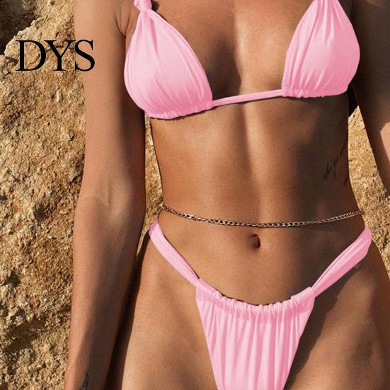 Attractive Bikini Ensemble 2Pcs/Set Women Set Halter Padded Wireless Bra High Close-fitting Tankini Waist Swimming Briefs Split Design Solid