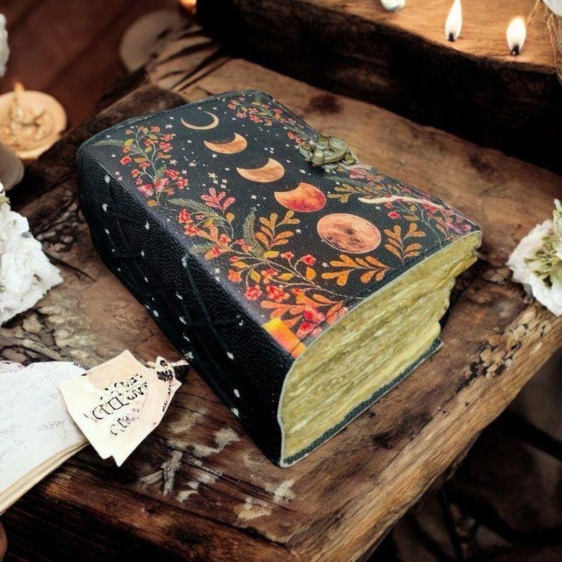 200 Page Large Grimoire Vintage Leather Journal, Moon Phase Fat Journal, Blank Spell Book of Shadows Celestial Christmas Gifts For Him Her