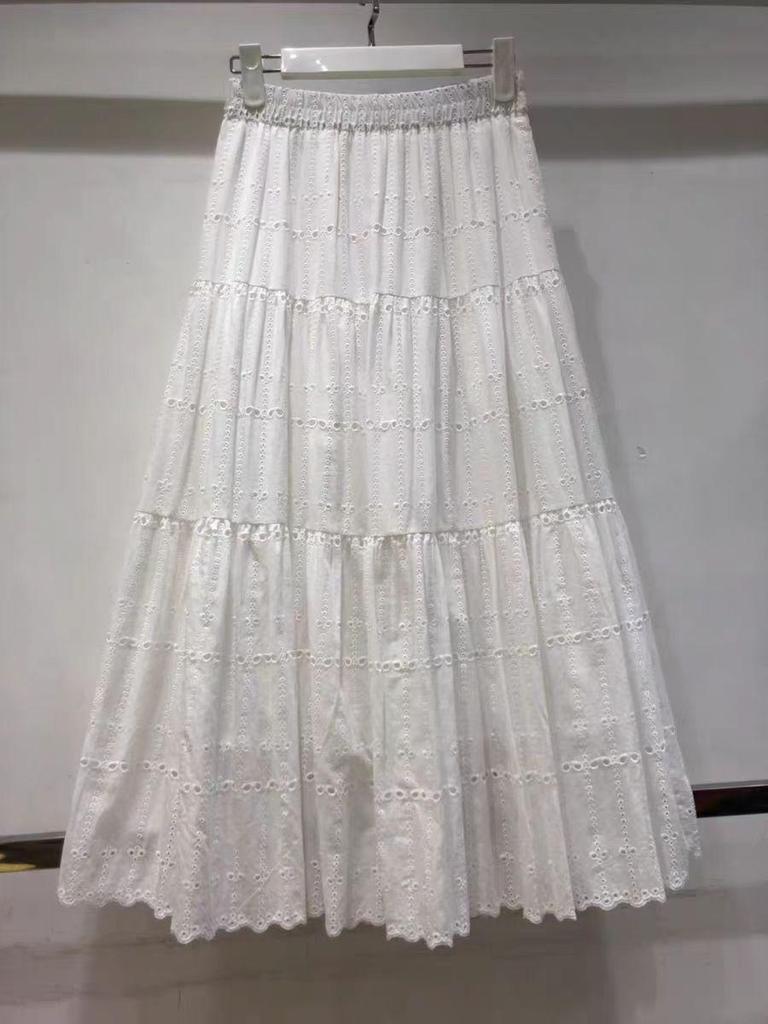 Autumn French Chic Cotton Embroidered Lace Midi Skirt with Flare Umbrella Style