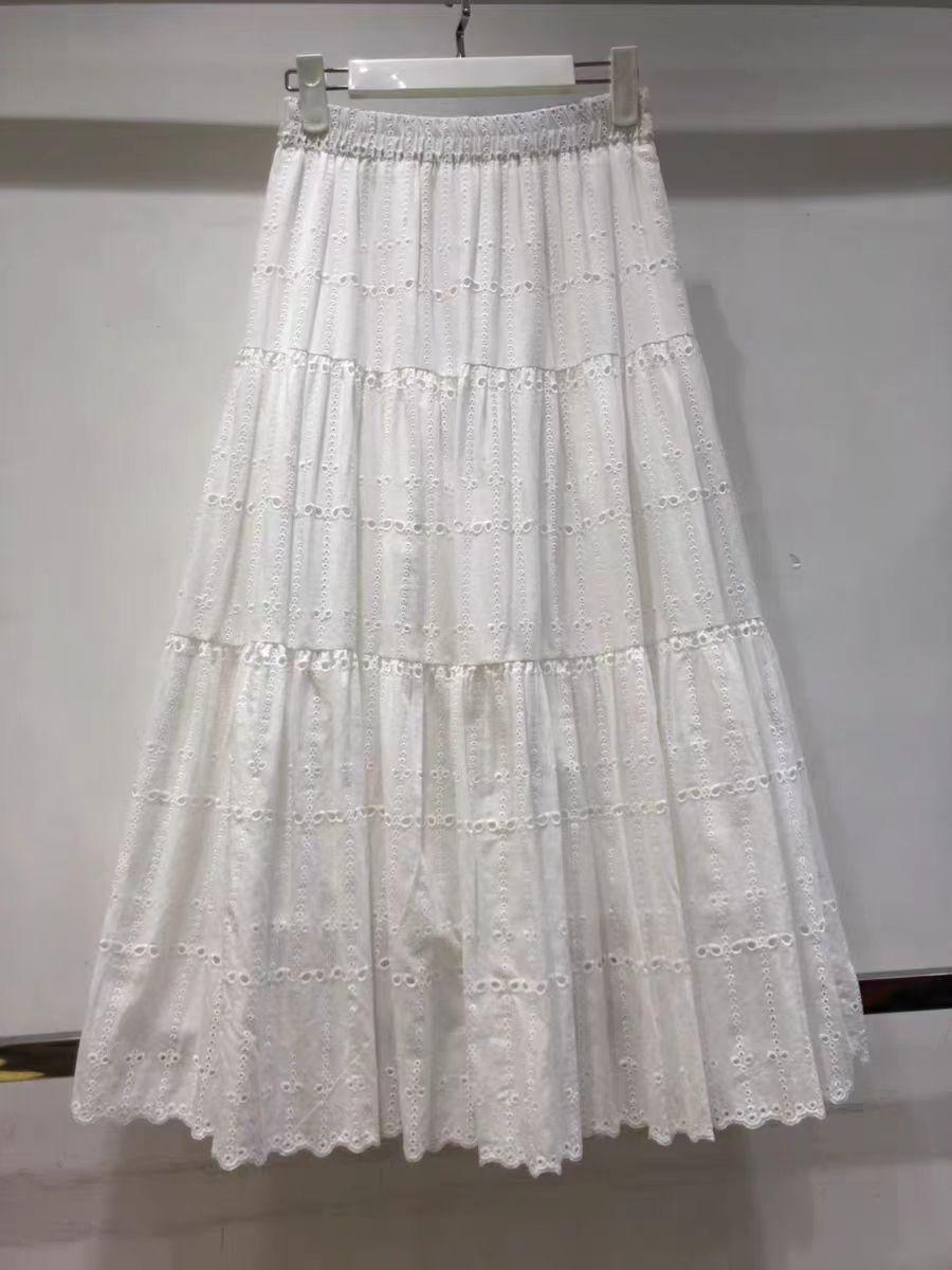 

Autumn French Chic Cotton Embroidered Lace Midi Skirt with Flare Umbrella Style One Size білий