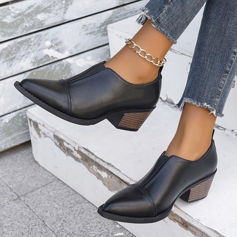Western Style Elastic Single Shoes, British Style Pointed Toe, Thick Heel, Large Size Chelsea Small Leather Shoes for Women, 2025