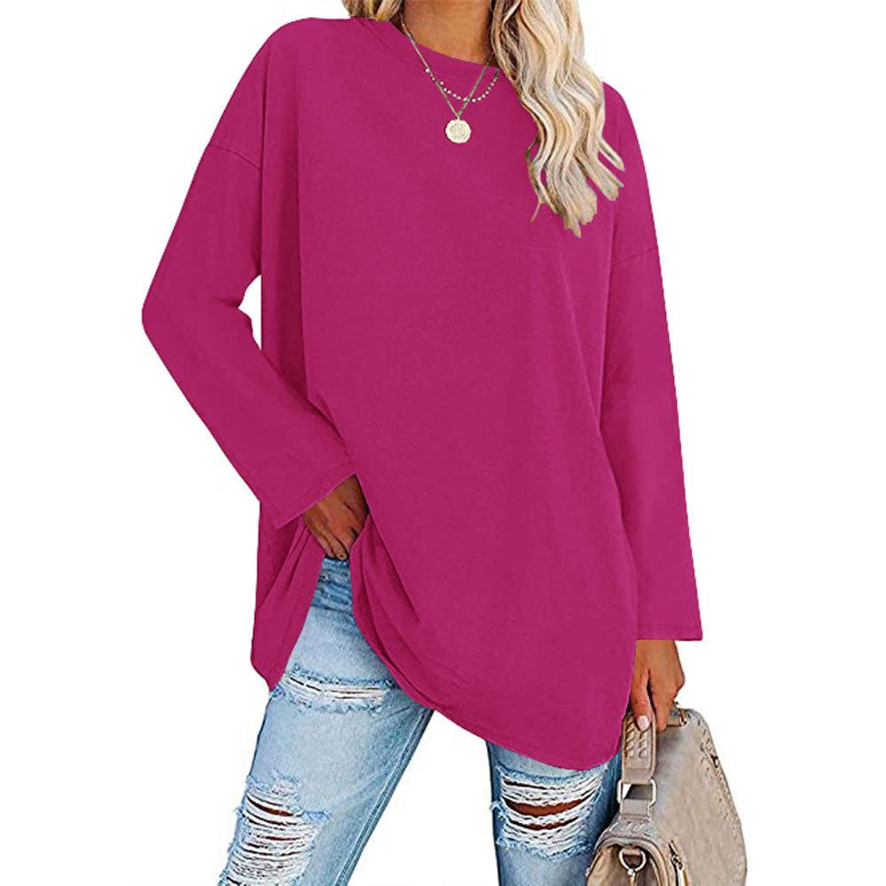 T-shirt Taglia Grande Monocolore, Top Casual a Maniche Lunghe Girocollo Primavera e Autunno, Abbigliamento Taglia Grande da Donna