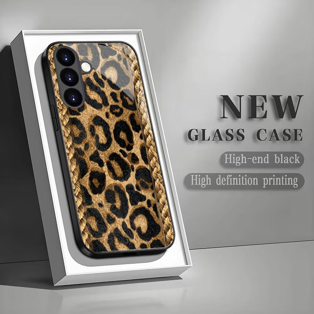 Leopard Pattern Black Glass Phone Case Suitable for Samsung Galaxy S26 S25 S24 S23 S22 S21 S20FE/Ultra/Plus Anti Drop Back Cover