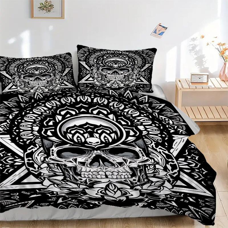 

3pcs Skull Mandala Art Duvet Cover Set, Cover For Bedroom Guest Room (1 Duvet Cover + 2 Pillowcase, Without Quilt), yy250922146 135x200cm