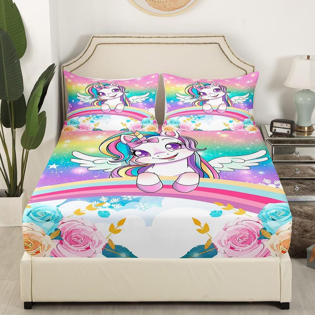 Cartoon Unicorn Pattern Mattress Three-Piece Digital Printing Mattress Bedding Set Adult Children