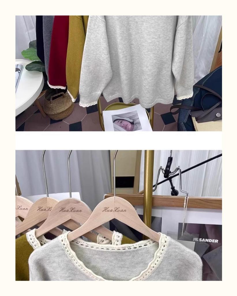 Damski sweter z koronkowym kołnierzykiem i kolorowym blokiem kolorów, odmładzający – jesień i zima, gruby, luźny krój, kolekcja 2025