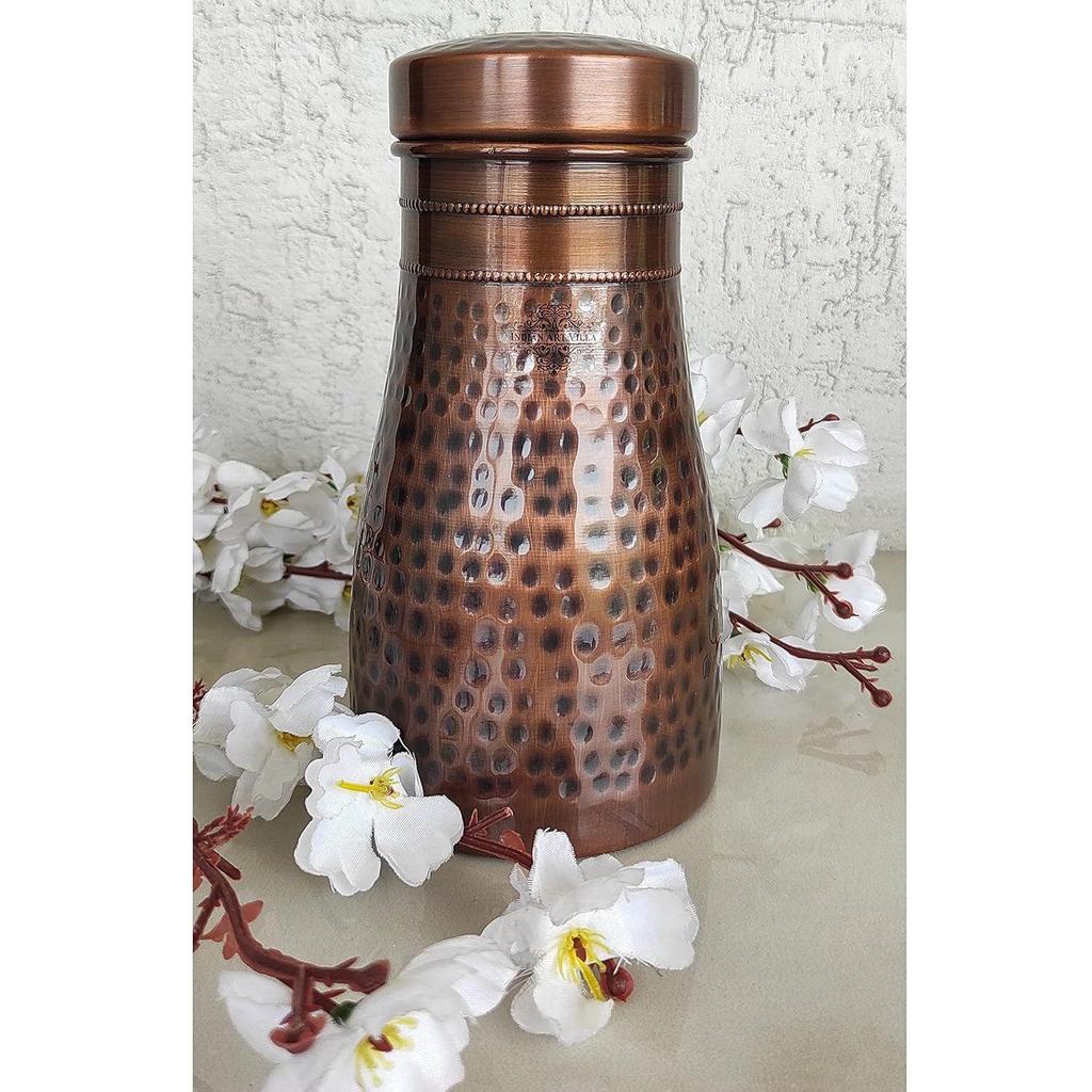 Pure Copper Bedroom Water Bottle with Inbuilt Glass, Hammered Antique Design - Drinkware & Storage Purpose, Volume 900 Ml (Pack of 2)