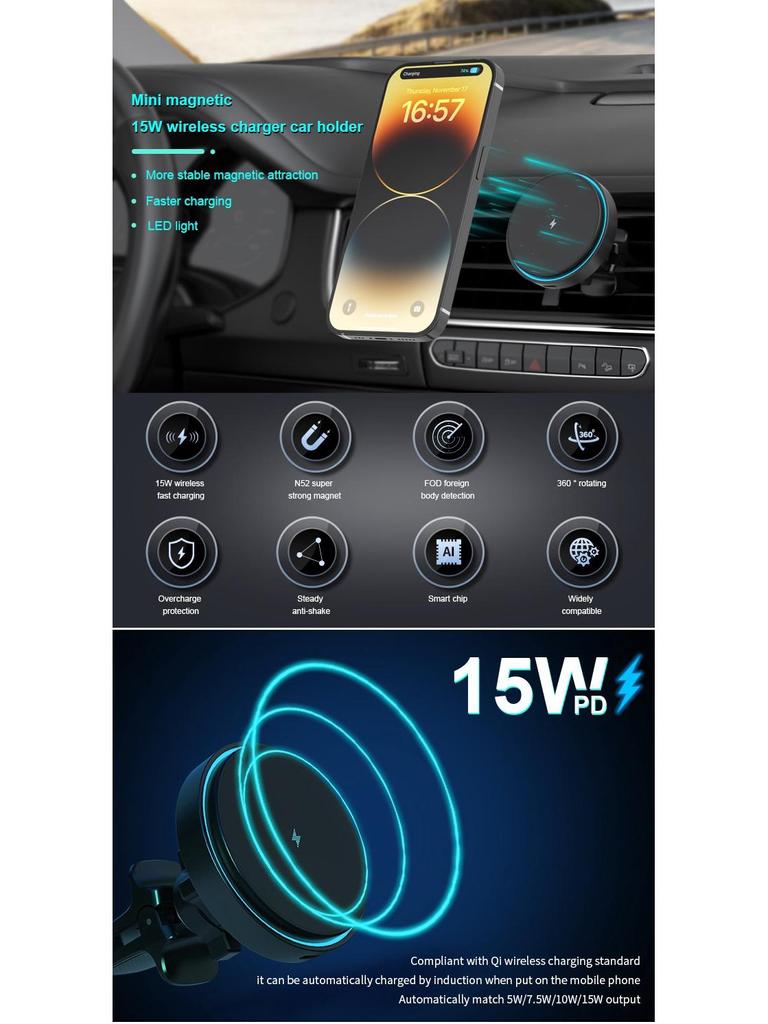 15W Air Vent Wireless Car Charger & Phone Holder