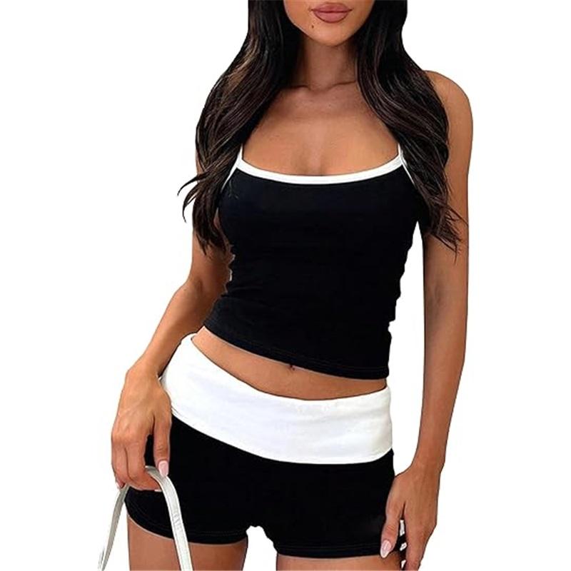 Women Casual 2 Piece Short Clothes Suits Slim Fit Streetwear Fashion Sleeveless Camisole Fold-Over Micro Shorts Set Outfits