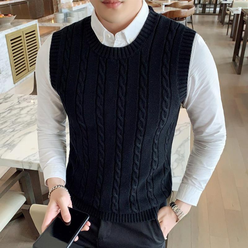 Autumn and Winter Men's Woolen Vest V-neck Sleeveless Sweater Vest Thickened Twist Solid Color Knitted Waistcoat Tide Waistcoat