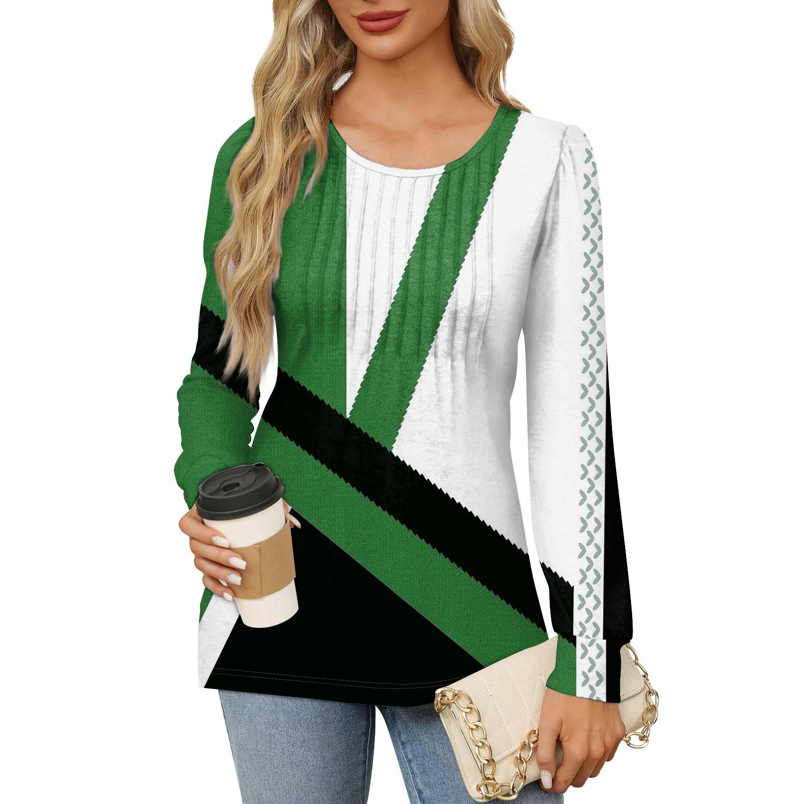 

Женская повседневная плиссированная футболка с круглым вырезом и длинными рукавами с принтом M