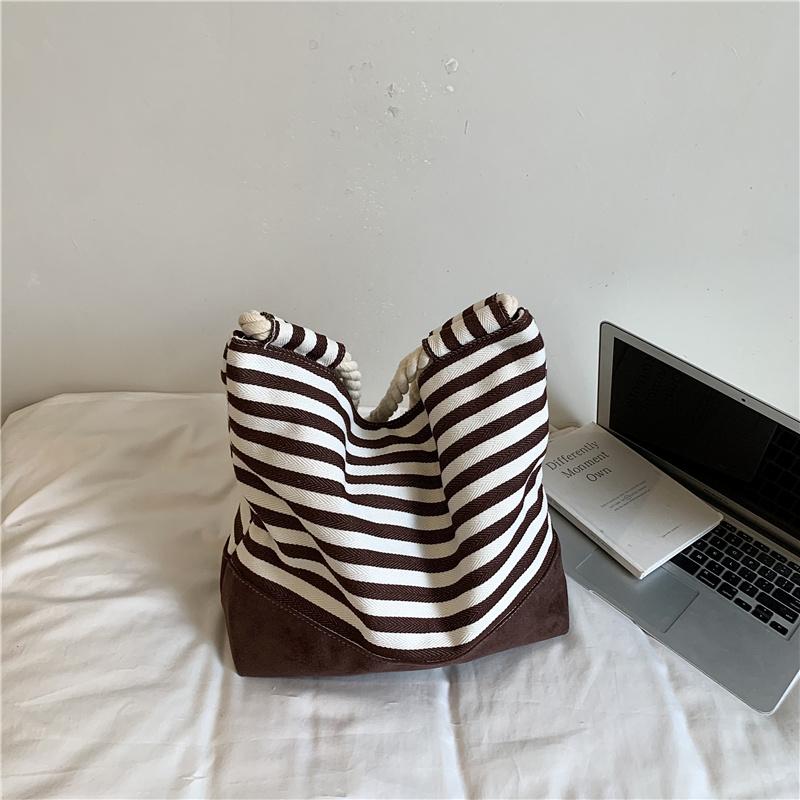 Striped Tote Bag Rope Handle Casual Beach Shoulder Purse Large Capacity