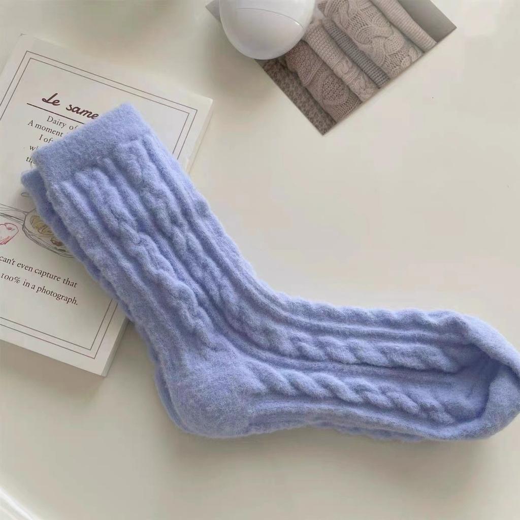 5 Pairs Women's Cozy Fuzzy Socks- Winter Warm Plush Mid-Calf Length Twisted Pattern Knit Fabric Socks