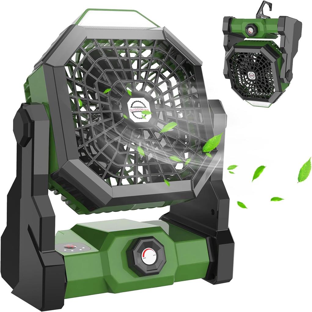 Camping Fan with LED Lantern, Rechargeable Battery Powered Fan with 270°Head Rotation, Stepless Speed for Picnic,Fishing, Travel