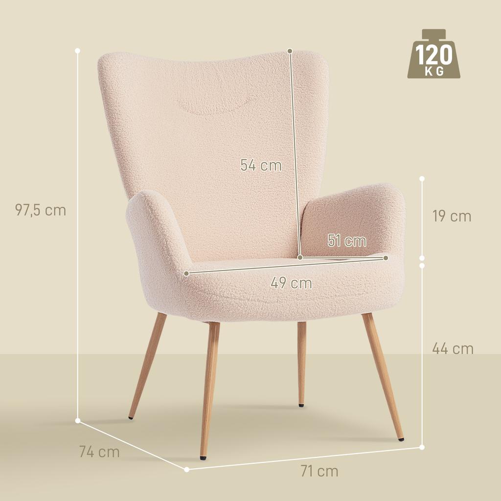 Lounge Chair, Boucle Accent Chair, High Back, Armrests, 71 x 74 x 97.5 cm, Beige