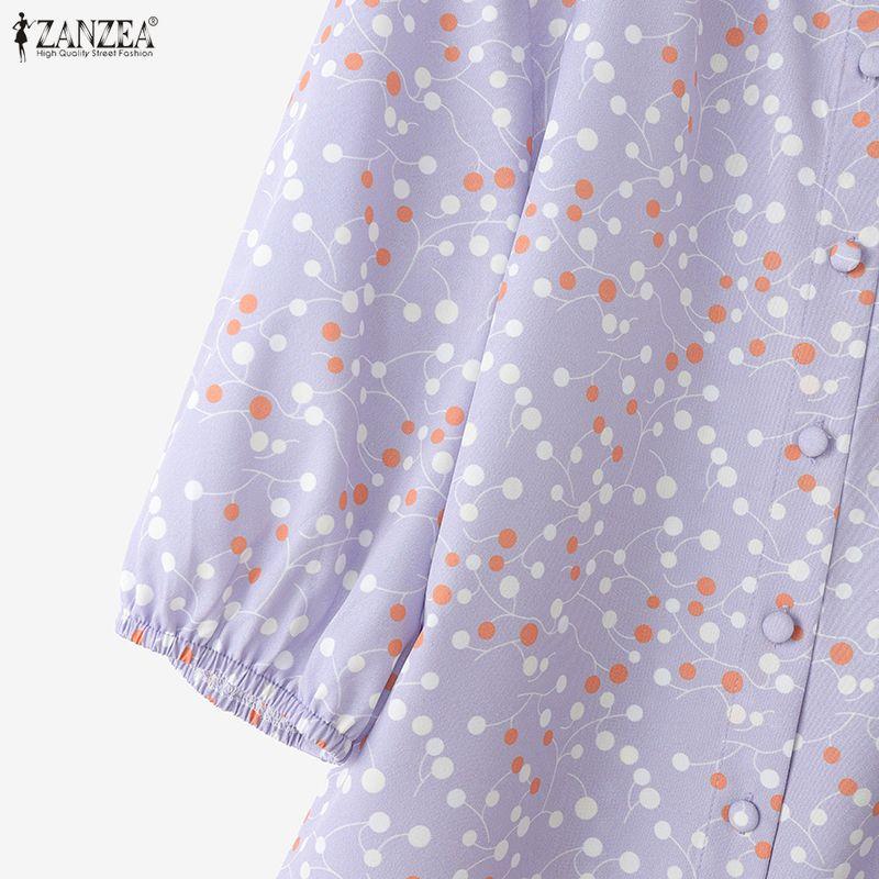ZANZEA Damen Lässige Runde Hals Polka Dot Druck Locker 3/4 Ärmel Bluse