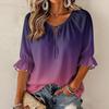 Women's Fashion Round Neck Tie Gradient Print Ruffle Three-Quarter Sleeve Blouse
