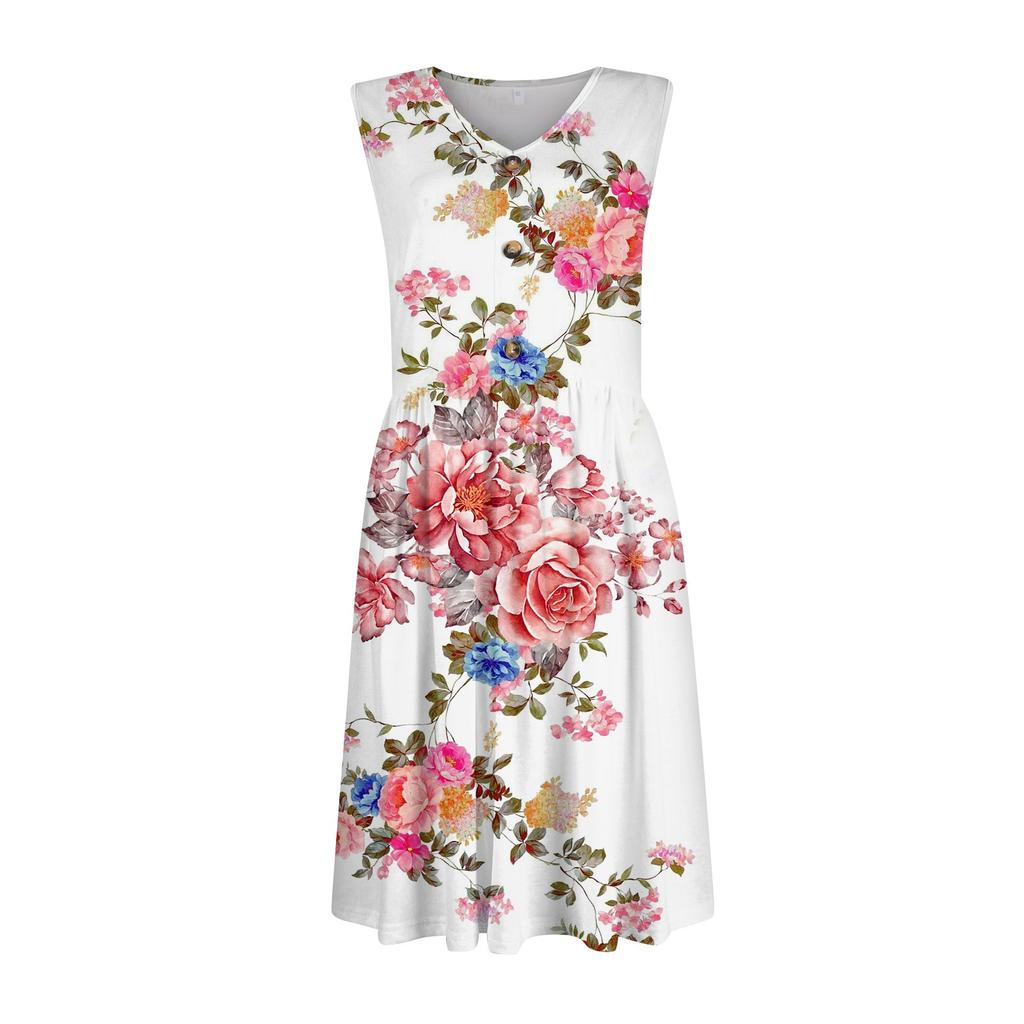 Dámské ležérní módní sexy výstřih do V s knoflíky a ozdobou bez rukávů v pase s gradientním potiskem