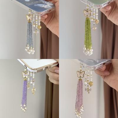 New Chinese Butterfly Beaded Fringed Mobile Phone Chain Female Sweet Dopamine Beaded Mobile Phone Chain Niche Design Pendant