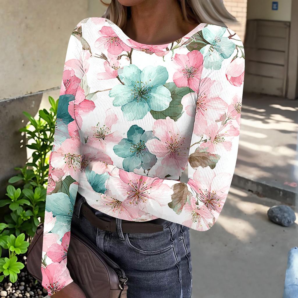 Women Casual Long Sleeve Crewneck Floral Print Ribbed Top Lightweight Pullover Loose Fit Soft Breathable Shirt for Daily Wear
