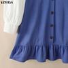 VONDA Womens Patchwork Dress Long Sleeve Doll Collar Bow Tie Ruffle Hem Button Down A Line Mini Dress
