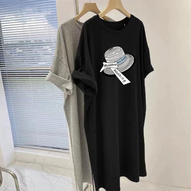 Large Size Women's Pure Cotton Dress Summer Korean Version Over Knee Short-sleeved T-shirt Skirt Casual Medium and Long Skirt