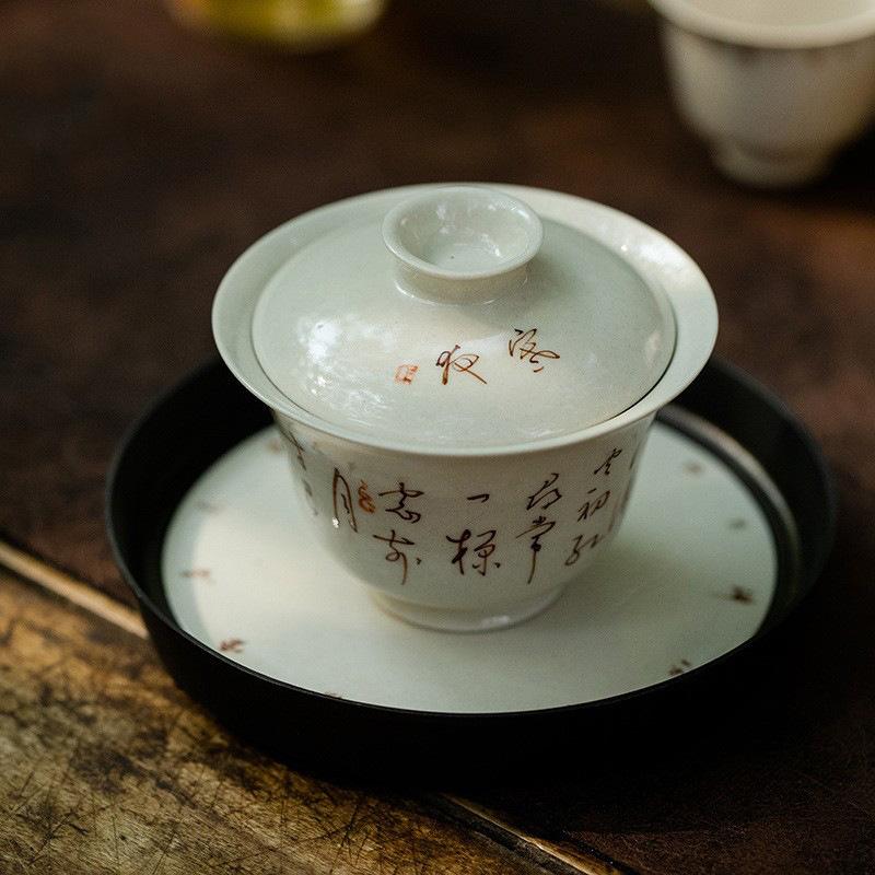 Hand-painted Poems Ceramic Tureen Chinese Kung Fu Tea Brewing Bowl Teaware Master Cup Teacups Japanese Retro Tea Covered Bowls