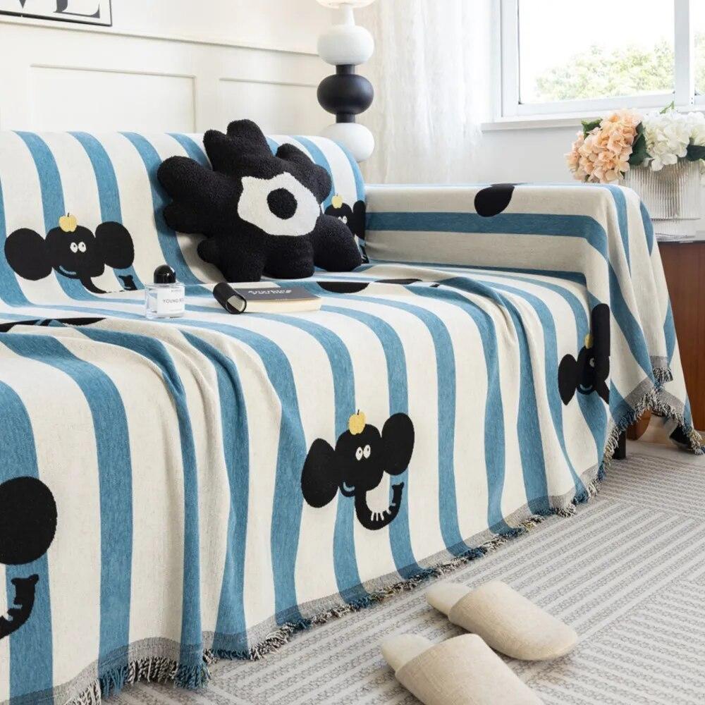 Cartoon Elephant Sofa Cover Sofa Towel Chenille Color Stripe Couch Cover Pet Mat Living Room Sofa Slipcover Throw Blanket