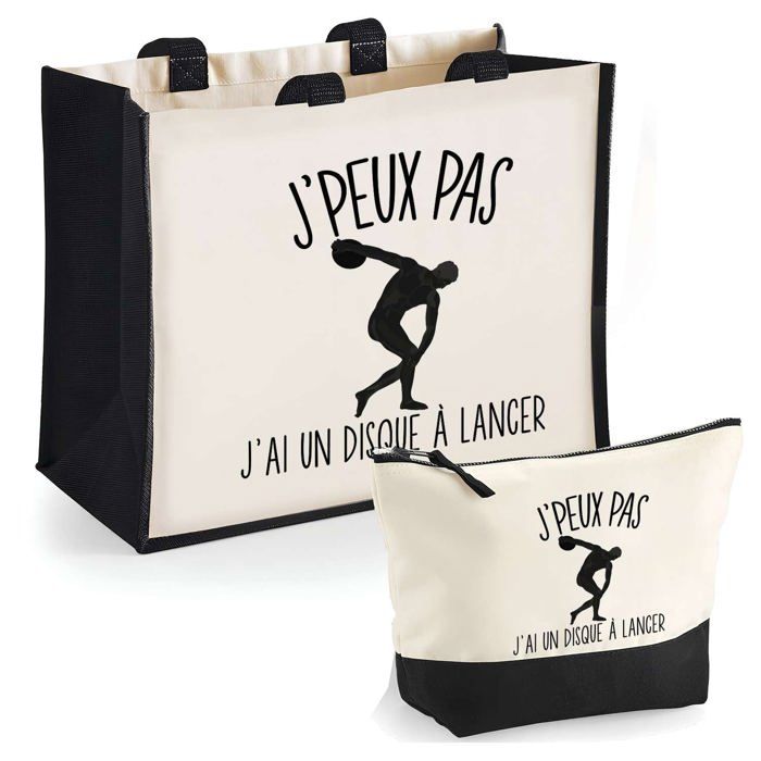 Tote bag - PLANETEE - Duo cabas jute et trousse Lancer Du Disque J'peux Pas - Jute & coton - 33x42 cm - Impression DTF HD